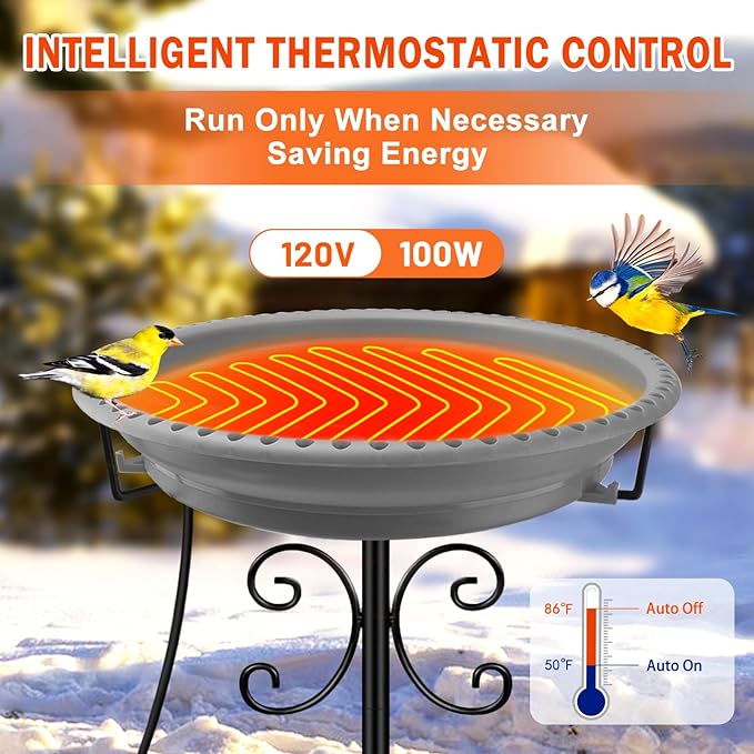 Daoeny Heated Bird Bath for Winter, 100W Heated Bird Baths for Outdoors Thermostat Control with 5-Prong Metal Base, Heated Bird Bath for Outside Winter Garden Patio Yard Lawn (Grey)