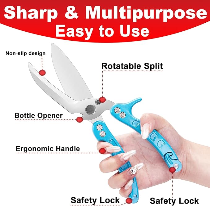 Heavy Duty Poultry Shears Scissors,Kitchen Shears for food Heavy Duty,Kitchen Scissors All Purpose,Chicken,Fish,Meat,Easily Separable for Thorough Cleaning,Dishwasher Safe（BLUE）