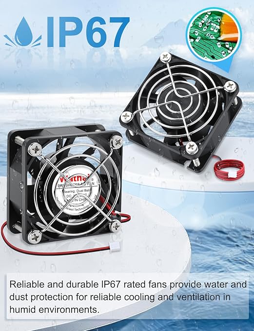 Wathai IP67 60mm x 25mm DC 12V Waterproof Small Fan Dual Ball High Speed DIY Cooling for RV Refrigerator, Computer Case, Generator, Terrarium, Solar Panel Battery Box 2 Pack