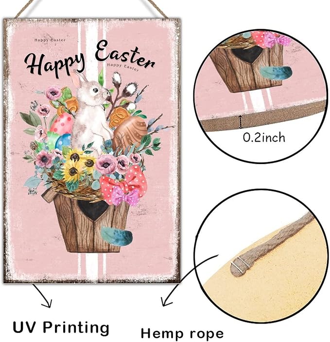 Wood Wall Plaque French Style Floral Pink Stripes Sign Happy Easter Flower Basket Bunny Wood Signs Wall Decor Bunny Rabbit Happy Easter Rustic Signs for Living Room 12x18in
