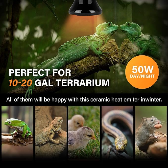 Simple Deluxe 25W/40W/50W/150W/250W Ceramic Heat Emitter Reptile Heat Lamp Bulb No Light Emitting Brooder Coop Heater for Amphibian Pet & Incubating Chicken, 50W(Mini), Black/1-Pack