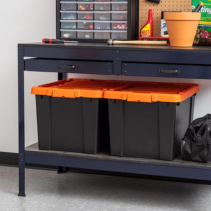 IRIS USA 4 Pack Lockable Storage Bins, Heavy Duty Stackable Containers with Lids for Garage Organization or Moving, 20 Gallon, Black/Orange