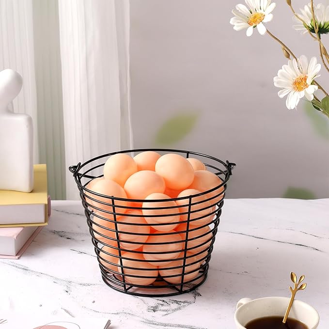 3 Pack 8 Inches Metal Mesh Wire Egg Collecting Basket with Handle Portable Garden Vegetable Fruit Storage Lightweight Hanging for Kitchen Farmhouse Gathering Picnic (Black)