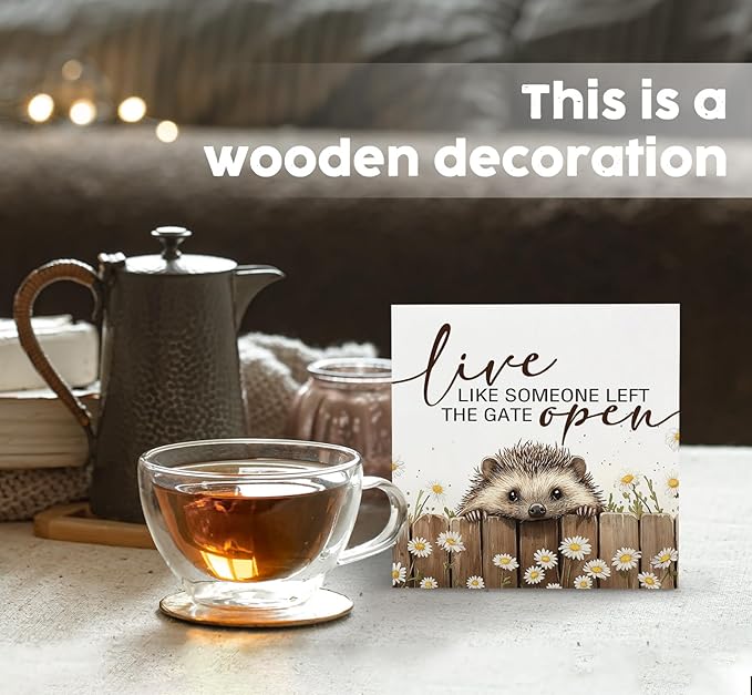 Hedgehog Wooden Box Sign -Rustic Farmhouse Live Like Someone Left the Gate Open Signs for Home Decor, Farm Cottagecore Animal Office Kitchen Bedroom Decor, Hedgehog Gifts for Women, 5x5