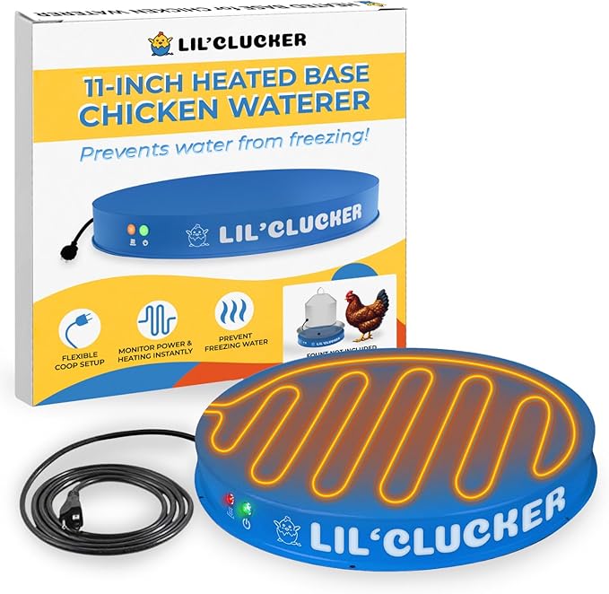 Lil'Clucker Heated Base for Chicken Waterer – Automatic Metal Freeze Proof Heated Chicken Waterer with Heater & LED – Poultry Heated Waterer for Winter (Blue, 11 Inch)