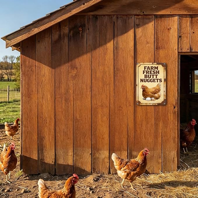 Funny Chicken Metal Sign Outdoor, Aluminum Farmhouse Wall Decor for Coop Door or Yard Area, Fluffy Humor Country Living Style, Rustic 8x12 Inch Gift