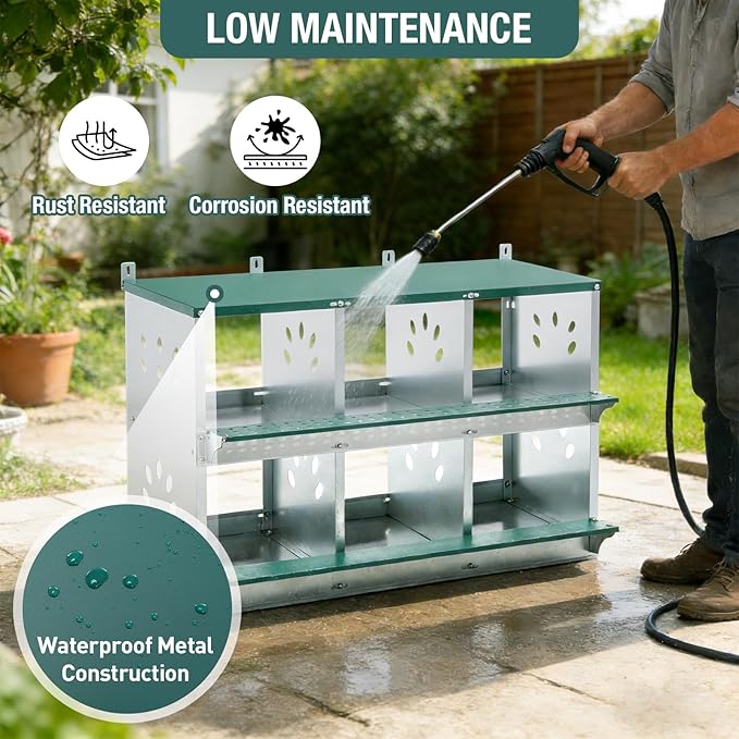 6 Compartment Metal Chicken Nesting Box, Roll Out Hen Laying Box for Easy Egg Collection, Wall Mount Poultry Nest Box for Backyard Chickens, Green, 32.09" L x 16.34" W x 26.38" H