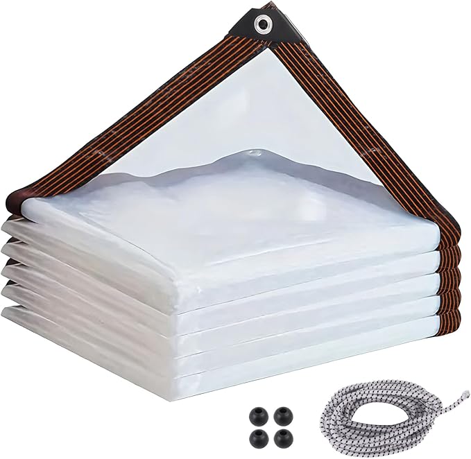 Klmnop Heavy Duty Waterproof 8x10FT Clear Vinyl Tarp with Grommets and Bungee Cords - Transparent Plastic Tarpaulin Cover for Greenhouse, Garden, Chicken Coop, Patio Enclosure