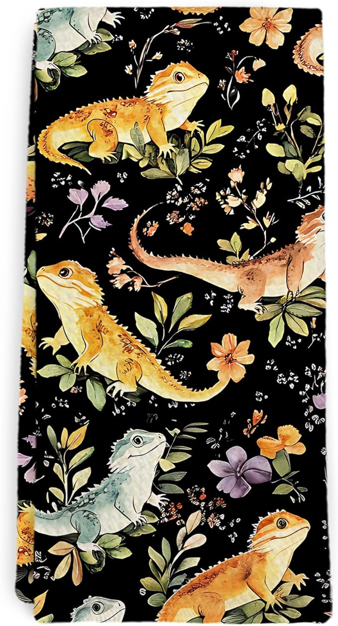 Dark Bearded Dragon Botanical Decor Kitchen Towel and Dish Towel, Bearded Dragon Gifts, Lizard Wildflower Hand Towels,Reptiles Gift Decorative Hand Dish Tea Towels for Bathroom Kitchen,16x24