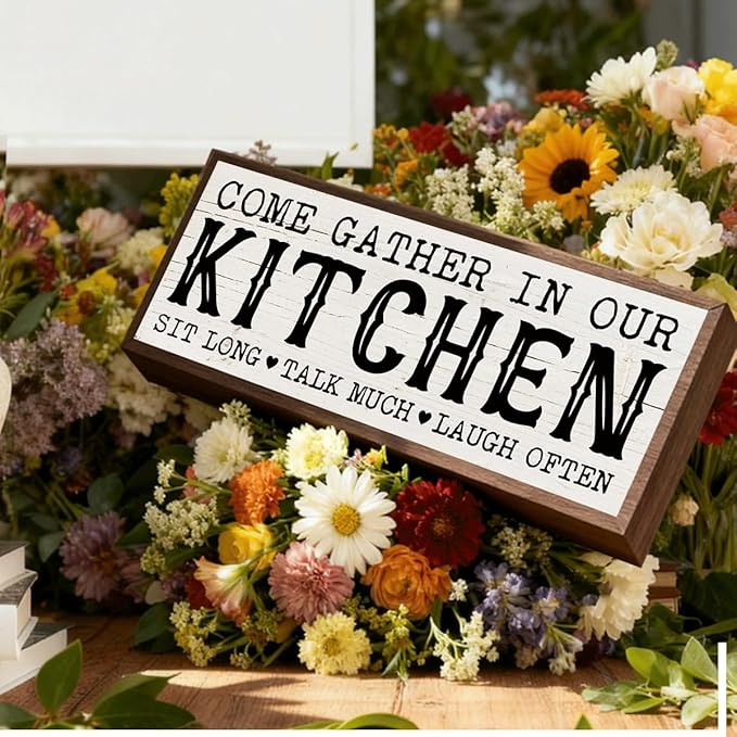 Kitchen Wood Sign, Come Gather In Our Kitchen, Rustic Framed Hanging Sign, Wall Decor Art, Modern Farmhouse Home Decor, Modern Kitchens Decoration 9.5x3.1x1 inches