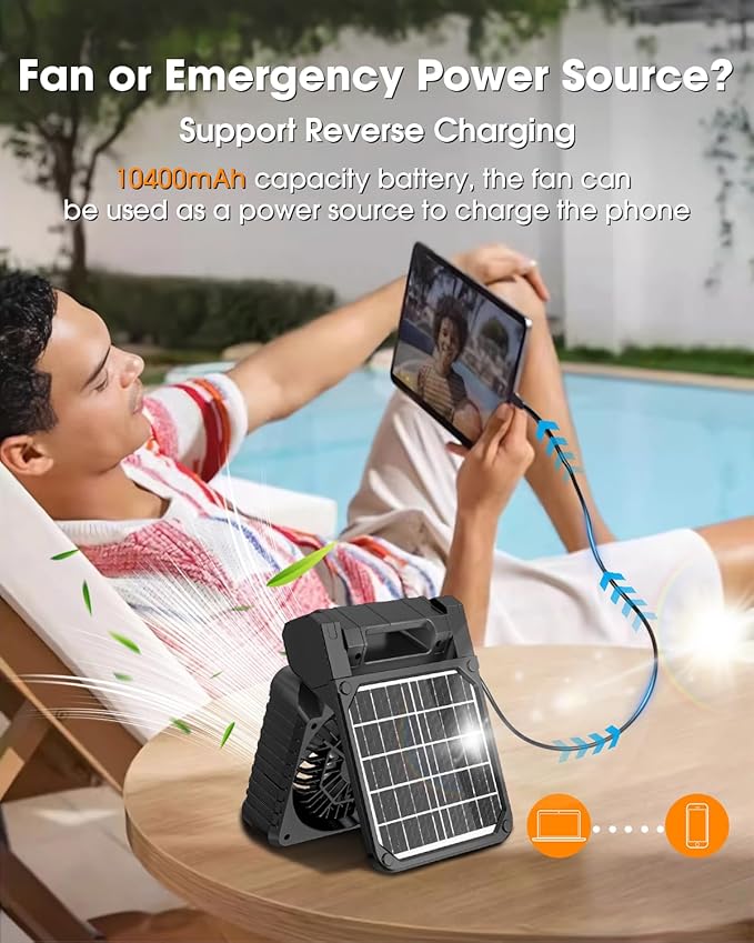 Solar Camping Fan 10400mAh, Solar Powered Fan with LED Lantern, 7W Rechargeable Battery Operated Fans for Outside, 4 Speeds, 2-8H Timer and Quiet Battery Powered Solar Tent Fans for Outdoor, Barbecue
