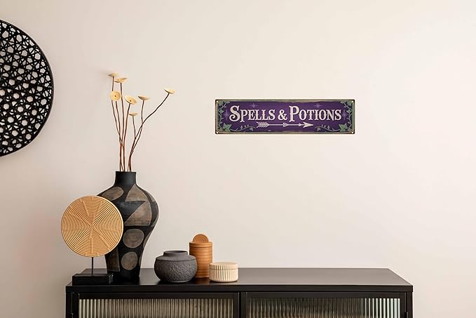 Spells and Potions Metal Sign 4x16in Whimsical Plaque for Witchy Room Wall Decor