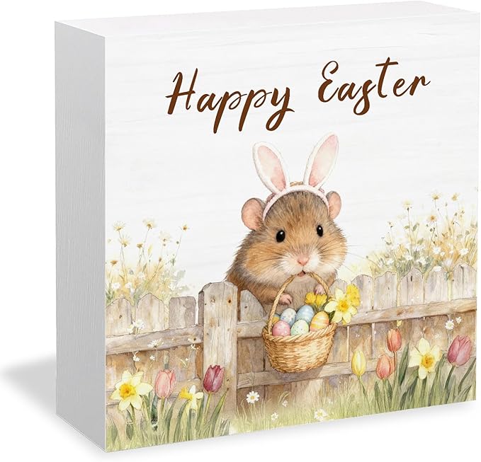 Happy Easter Hamster Wooden Box Sign Desk Decor, Spring Wildflower Easter Egg Farm Hamster Wood Signs for Bedroom Home Office Desk Table Shelf Decorations, 5x5 Inch