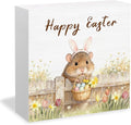 Happy Easter Hamster Wooden Box Sign Desk Decor, Spring Wildflower Easter Egg Farm Hamster Wood Signs for Bedroom Home Office Desk Table Shelf Decorations, 5x5 Inch