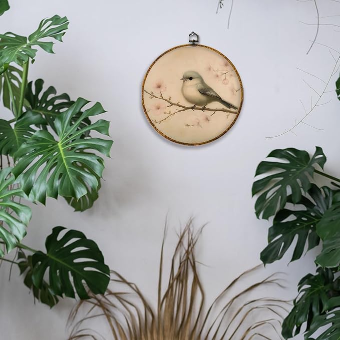 Hiuwevt Vintage Bird Round Wall Art Decor, Retro Rustic Bird Framed Canvas Prints, Farmhouse Cottagecore Floral Round Wall Hanging Decor for Home Bedroom Living Room Decorations, 10x10 Inches