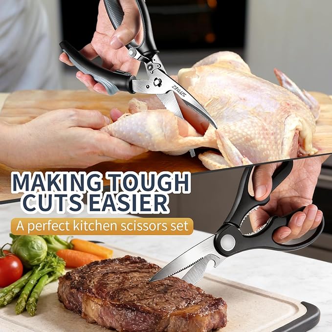 2-Piece Kitchen Scissors Set - Heavy Duty Detachable Food Grade Poultry Shears for Chicken Bones/Fish Scale & Lightweight Multi-Function Shears with Bottle Opener/Walnut Cracker/Vegetables/Meat