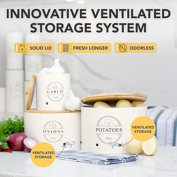 Canister Sets for Kitchen Counter with Wooden Bamboo Lids, Kitchen Canisters for Countertop, Stackable Steel Farmhouse Canisters for Potato Storage, Onion and Potato Storage Bins - Cream