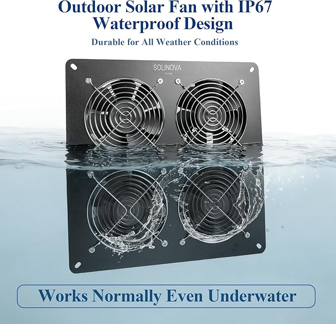 Solar Exhaust Fan, 25W Solar Powered 4-Fan with 7500mAh Battery, 4Pcs IP68 Waterproof Solar Fan, High Speed Solar Powered Exhaust Fan Kit with Bracket for Shed, Chicken Coop, Greenhouse, Dog House