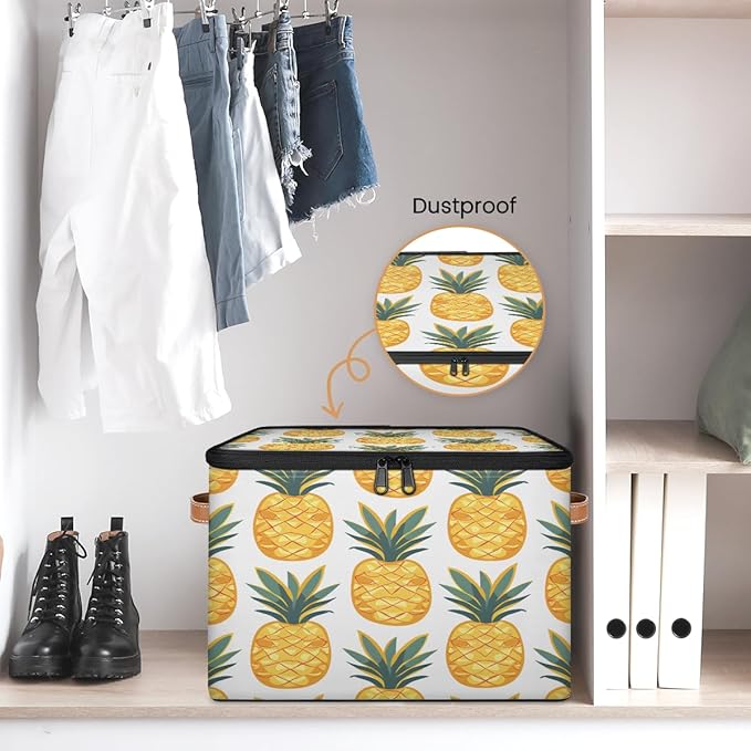 Yellow Pineapple Storage Bins With Lids Fabric Collapsible Storage Box with Leather Handles for Home Bedroom Foldable Closet Shelf Organizer