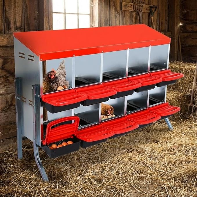 Nesting Box for Chickens, 10 Hole Chicken Nesting Box, Roll Away Nest Boxes with Legs, Poultry Nest Boxes for Chickens Laying Egg, Red