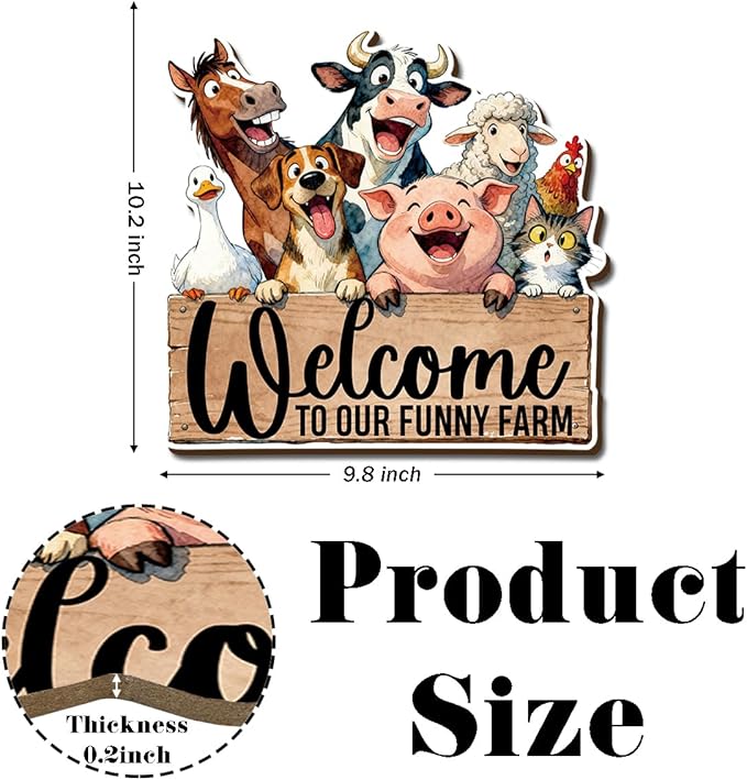 Farmhouse Wall Decor, Welcome to Our Funny Farm Animal Sign, Rustic Wood Hanging Plaque, Cartoon Watercolor Style Wall Art Painting for Porch Entryway Kitchen or Bedroom, 10.2x9.8 Inches