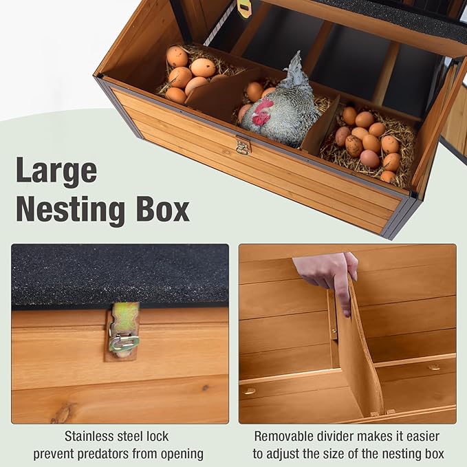 Large Chicken Coop with Run, Wooden Chicken House with Wheels, Hen Poultry Cage with All-Around Iron Frame for 6-8 Chickens, Chicken Tractor with Nesting Boxes and Metal Sliding Tray