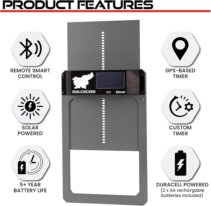 RUN-CHICKEN Door Eternal – Solar Automatic Chicken Coop Door with Built-in Solar Power & Battery Backup, Smart App & Timer Control, Weatherproof Aluminum, Predator-Proof, Easy to Install (Gray)