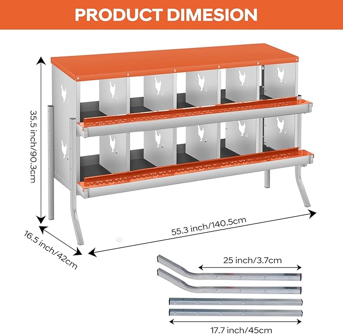 GarveeLife Chicken Nesting Box, 10 Compartments Nesting Box for Chickens, Two-Tier Galvanized Steel Chicken Egg Laying Box with Large Vented Holes Wall Mounting for Easy Egg Collection