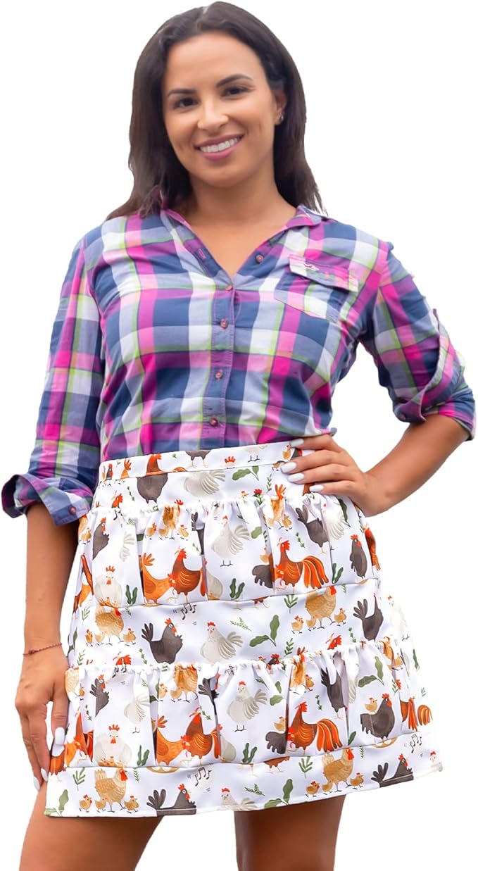 Egg Collecting & Gathering Apron with 12 Pockets - Chicken Egg Apron for Women/Men, Fresh Eggs Collection (Hen Design, Gifts for Chicken Keepers)