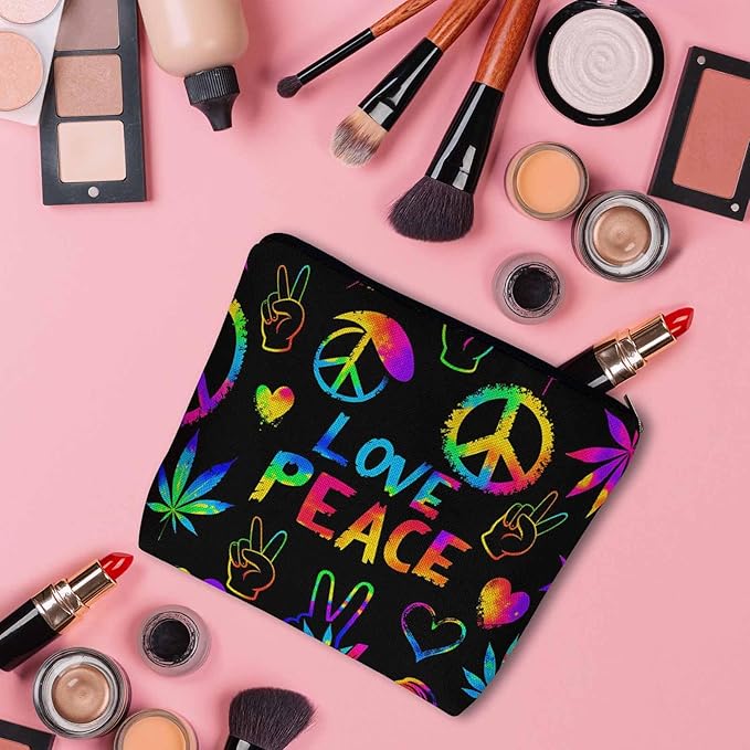 Makeup Bag For Purse Peace Love Symbol, Hippie Peace Love Sign Cosmetic Bags For Women With Zipper Travel Toiletry Pouch Makeup Bags Makeup Organizers Purse For Toiletries Cosmetics