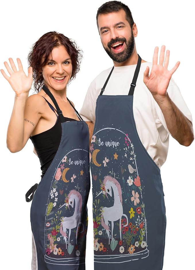 Cook Apron for Men Unicorn Floral Moon Cute Aprons for Women for Kitchen Cooking Restaurant BBQ Painting Crafting 27” (W) x 31” (H), Waterproof Apron