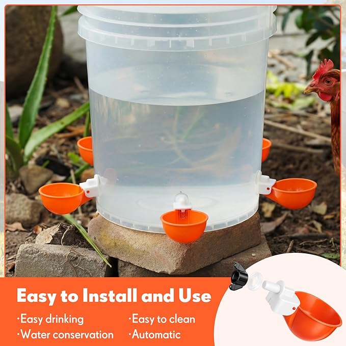 LemonRoad 30 Set Automatic Chicken Waterer Cups with 1/2" PVC Tee Fitting Chicken Drinking Bowl, Poultry Drinker Mounting Hole Opener,Water Dispenser Feeder for Duck, Goose, Turkey, Pigeon(Orange)