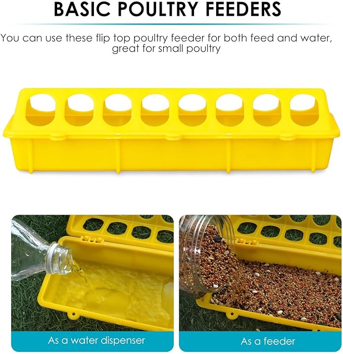 Flip Top Chick Feeder Trough Plastic Flip Top Bird Small Poultry Feeder Chicken Pigeon Duck Quail Feeder Waterer Small Chicken Feeders No Waste No Mess (Yellow)