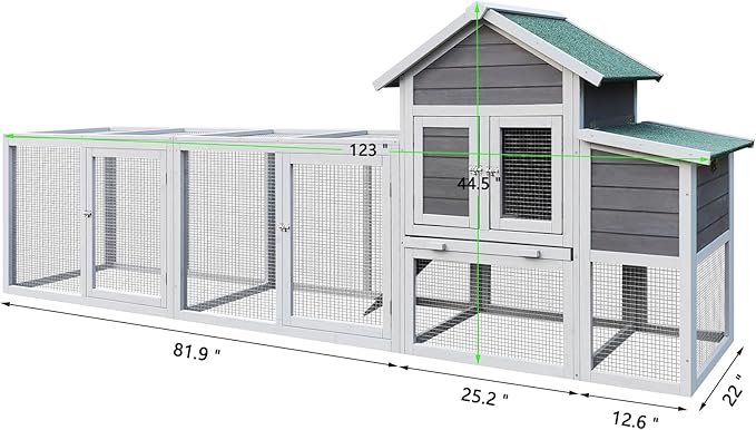 KEIKI 122＂Large Wooden Chicken Coop with Run and Nesting Box, Outdoor Hen House, Wooden Poultry Cage Wire Fence Poultry Cage