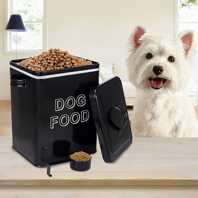 Dog Food Storage Container Farmhouse Pet Food Storage Containers with Lid and Scoop, Perfect Vintage Canister Treats Tin for Kitchen Countertop, Shelf, Great Gift for Pet Owners - Dog Food - Black