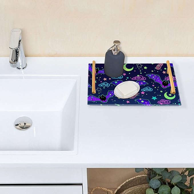 Bathroom Vanity Tray Counter Organizer, Depicting Bats Decorated Bright Decorative Tray with Handles Countertop Storage for Bathroom Bedroom Kitchen Home Farmhouse