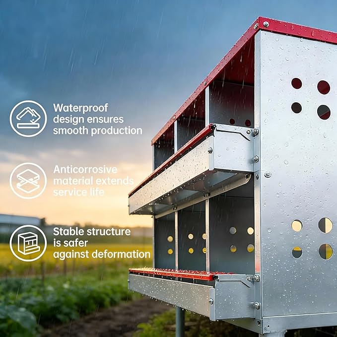 GarveeLife Wall-mountable Roll Away Metal Chicken Nesting Box for Laying Eggs, Rustproof Chicken Laying Boxes for Hens, Ventilated with Perch, Waterproof (Red, 10 Compartments with 10 Fake Eggs)