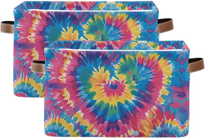 JIPONI Tie Dye Heart Fabric Storage Bins for Shelves, Decorative Storage baskets for organizing, Closet Organizer with Handle for Cloth, Toys, Bedrooms, Farmhouse