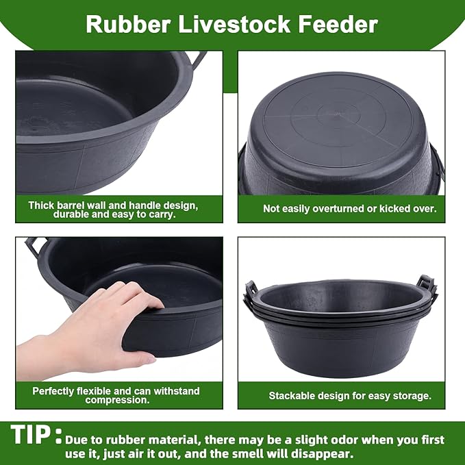 4Pcs Large Rubber and Plastic Feed Pan with Handle, 8.6 Gallon/ 34 Quart Plastic Feed Pan Utility Horse Feed Bucket for Cats Dogs Goats Chicken Dust Bath Container Animal Feeding Watering Bowl