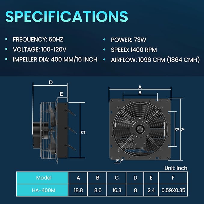 HG Power 16 Inch Shutter Exhaust Fan with Speed Controller, 1096 CFM High-Speed Vent Fan, Wall Mounted Attic Fan for Shed, Basement, Gable, Chicken Coop Ventilation Use, Black
