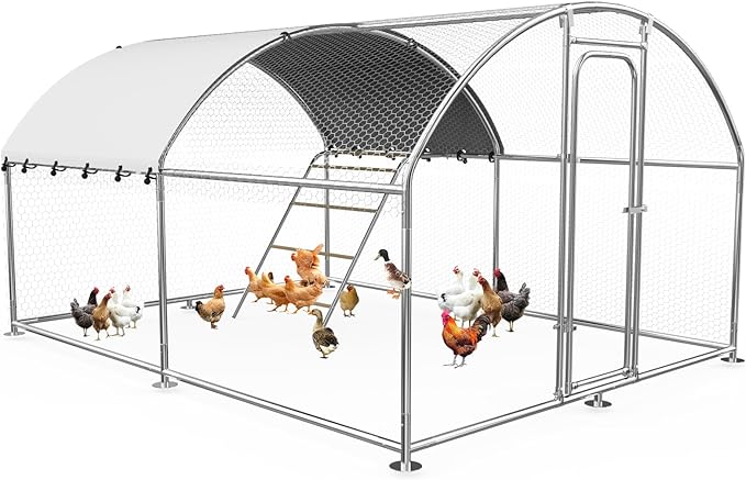 Large Metal Chicken Coop with Weatherproof Cover and Multi-Purpose Chicken Run for Chickens, Rabbits, Ducks, Farm and Yard Animal Pen(10’ W x 13.2’ L x 6.4’ H, Dome Roof-Roosting Perch)