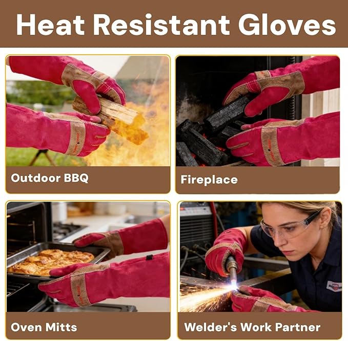 Leather Gardening Gloves for Women, Long Thorn Proof Garden Gloves for Yard Work, Heat Resistant Gloves for Welding, BBQ, Cooking, Fireplace, Chainsaw, Firm Grip, Utility, Durable, Rose Red, S