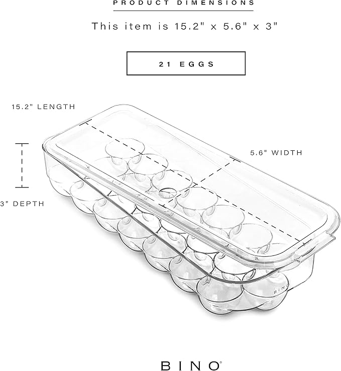 BINO Plastic Egg Container for Refrigerator - Clear, 21 Count, Sturdy, Durable