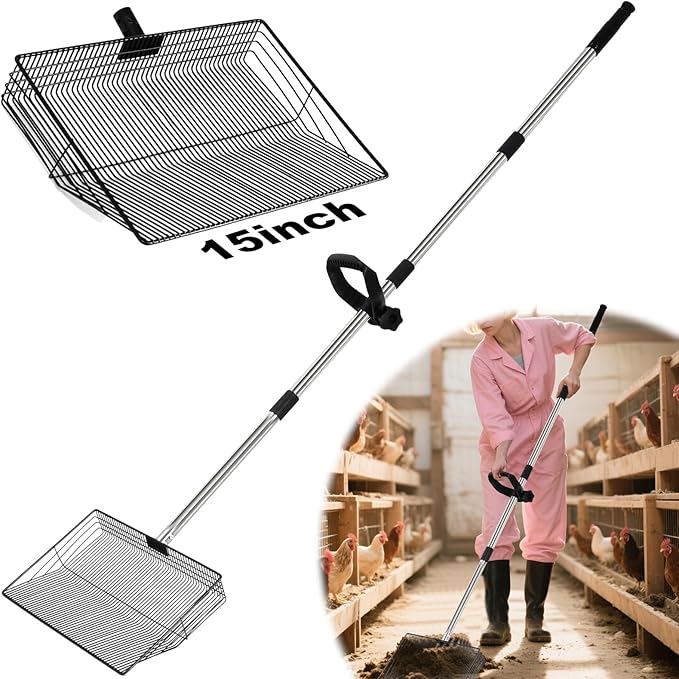 15" Large Chicken Coop Scooper for Sand - Heavy Duty Stainless Steel Poop Scooper with 38-64" Telescoping Handle - Adjustable Poultry Manure Rake & Sifter Shovel for Easy Cleaning
