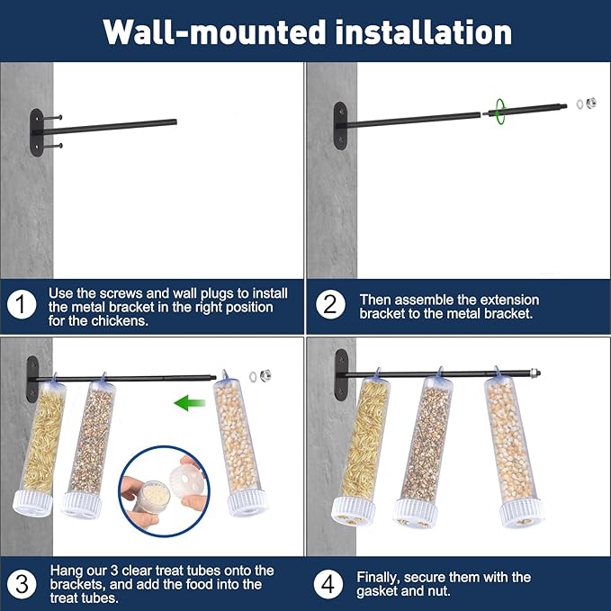 Upgraded Chicken Treat Dispenser, Indoor/Outdoor Wall-Mounted Chicken Treat Feeders, 3 Clear Treat Tubes with Different Types, Easy to Install&Add Food, Fits for Small, Medium&Large Treats
