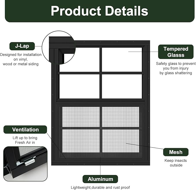 2 Pack Shed Windows 24" x 27" Flush Mount Window with Tempered Glass,House Small Windows,Household Sliding Windows for Chicken Coop, Playhouse, Household, Garage-Black
