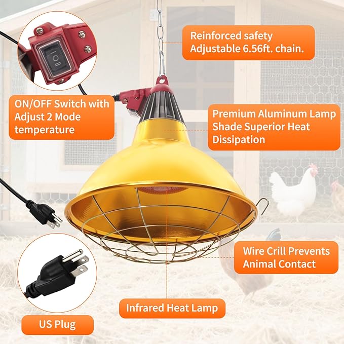 Large Chicken Coop Heat Lamp with 250w Infrared Heat Bulb, Adjust 2 Mode Temperature&Hanging Height,with Aluminum Reflector for Coop Brooder,Cat,Puppy,Lamb