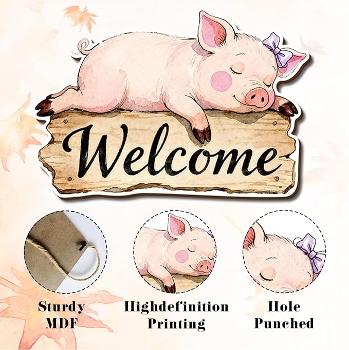 Farmhouse Wall Decor, Cute Pig Welcome Sign, Rustic Wood Hanging Plaque, Watercolor Farm Animal Wall Art Painting Style, Country Nursery or Bathroom Door Sign for Home, 11.8x8.11 Inches