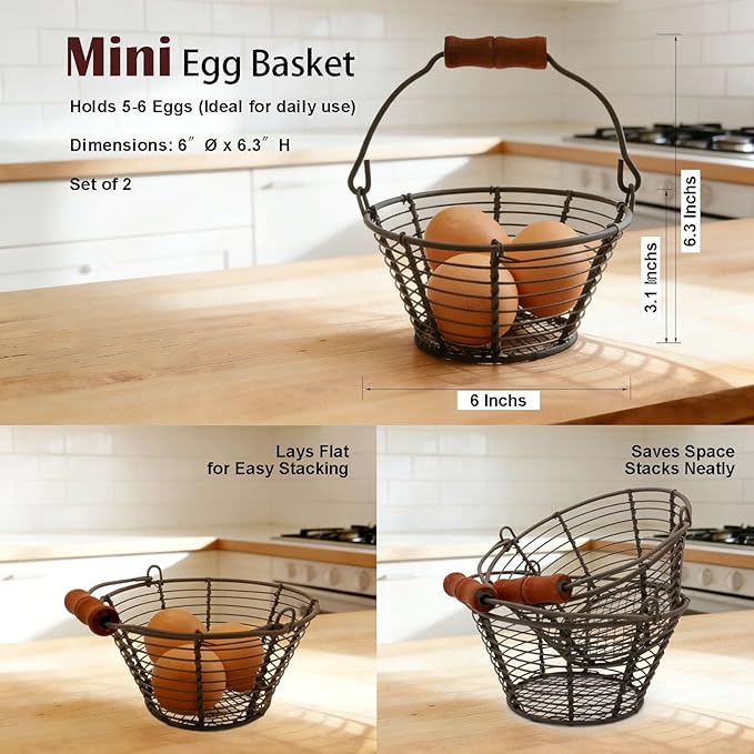 Mini Wire Egg Basket for Gathering Fresh Eggs with Lay-Flat Handle, Small Easter Hunts and Chicken Egg Collecting Basket 2 Pack, Farmhouse Rustic Kitchen Countertop Storage