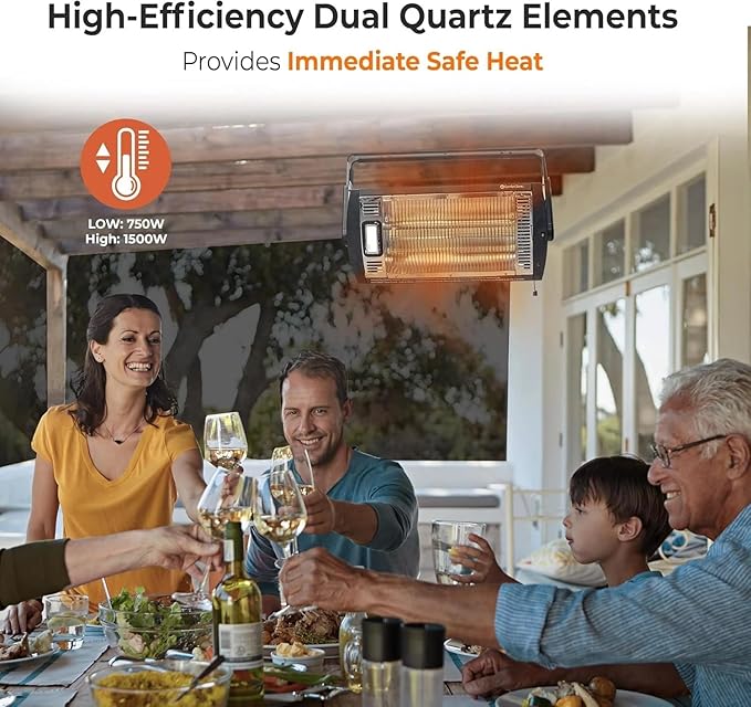 Comfort Zone 1500W Ceiling Mounted Dual Quartz Radiant Heater – Infrared Workshop Heater with 90° Adjustable Tilt, Built-in Halogen Light & Pull String Control – Overheat Protection, Black